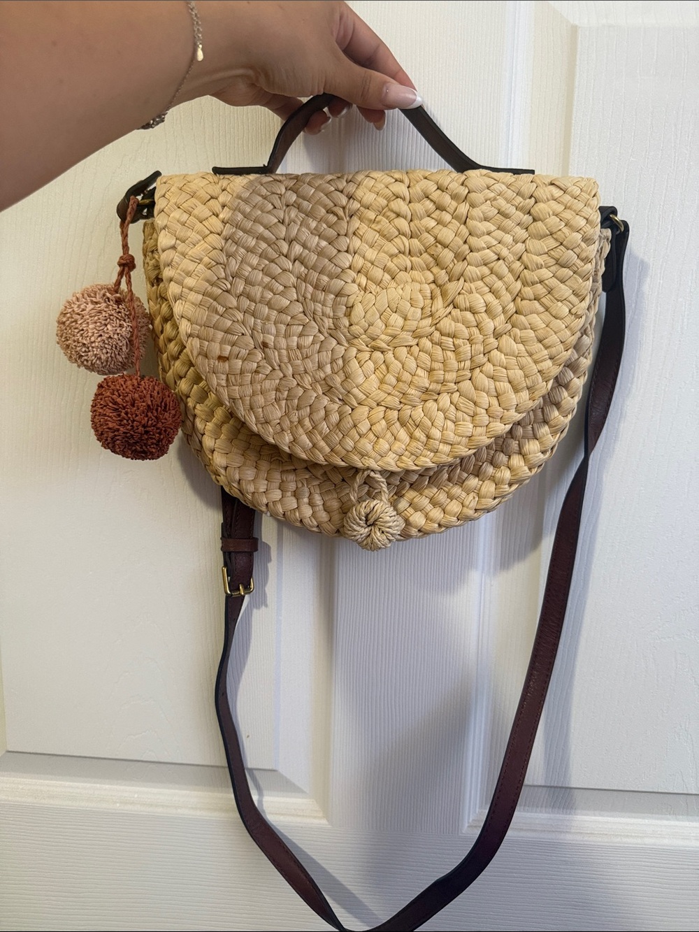 Fossil Braided Straw Crossbody with Pom Pom Tassels - Natural